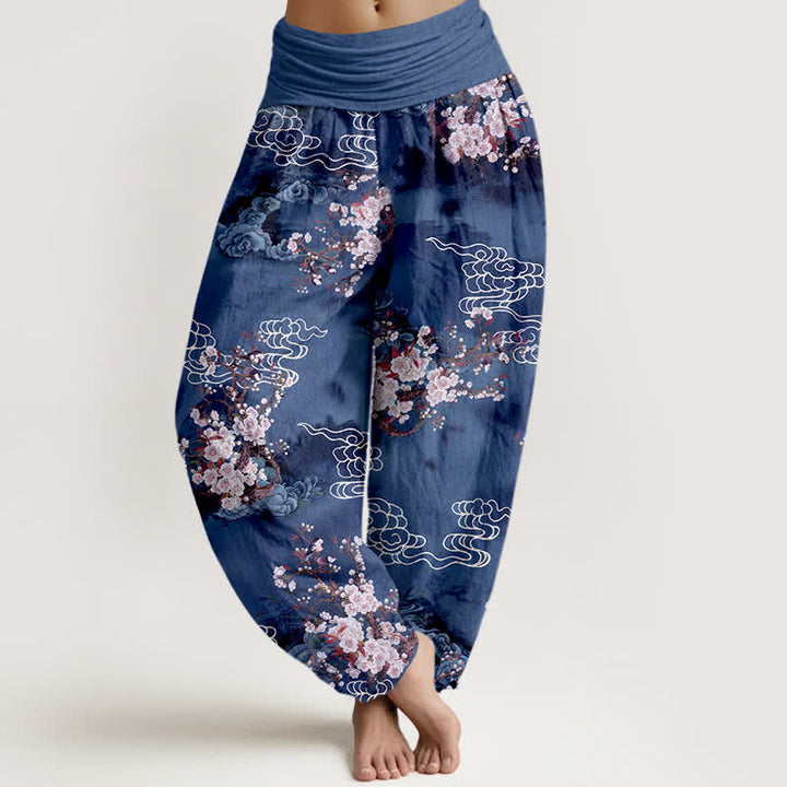 Buddha Stones Pantalon harem pour femme en pur coton à motif floral nuageux et taille élastique - Marine - US16，UK/AU20，EU48 (3XL) - image 8