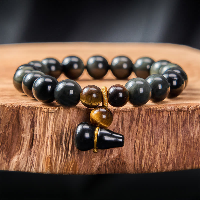 Buddha Stones Bracelet chinois vintage de protection en calebasse d'obsidienne arc-en-ciel - Obsidienne arc-en-ciel 10 mm (couleurs changeantes selon la lumière) - image 10
