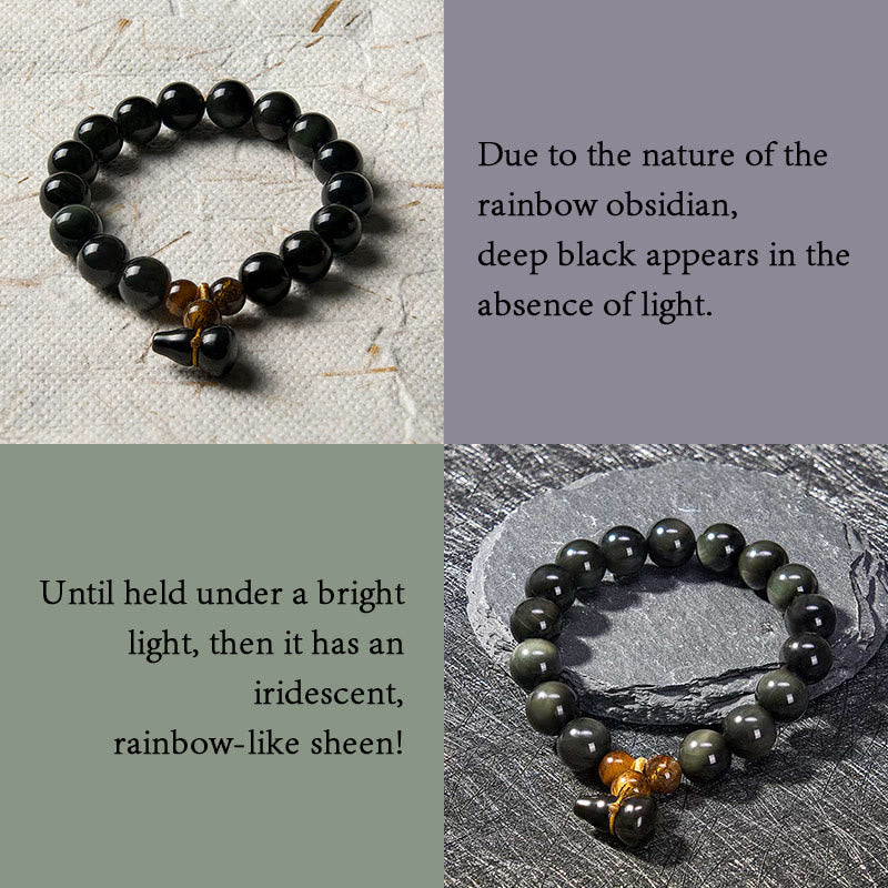 Buddha Stones Bracelet chinois vintage de protection en calebasse d'obsidienne arc-en-ciel - image 4