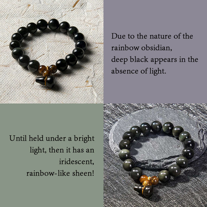 Buddha Stones Bracelet chinois vintage de protection en calebasse d'obsidienne arc-en-ciel - image 4