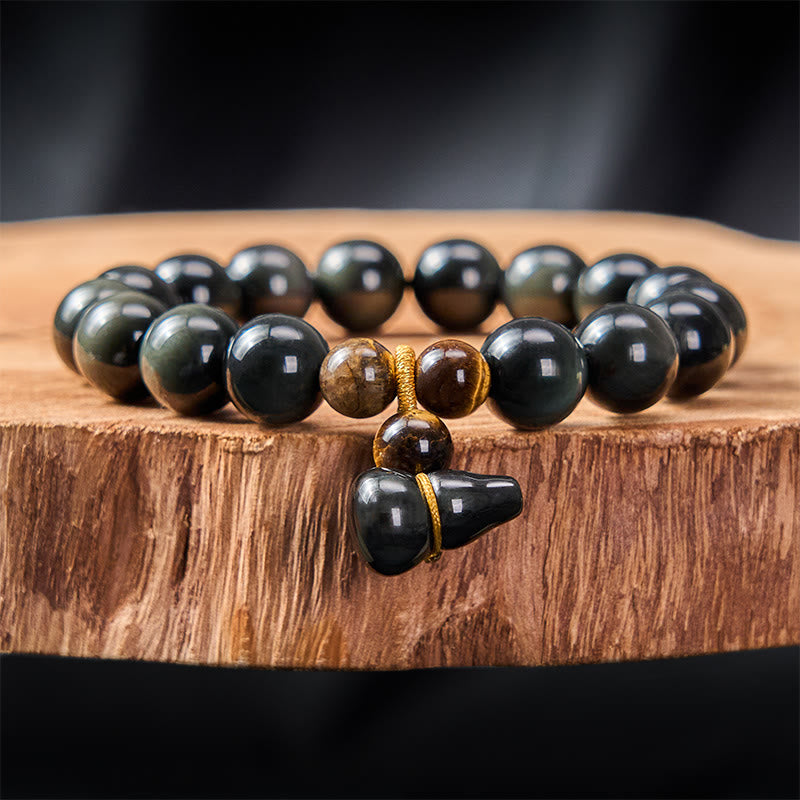 Buddha Stones Bracelet chinois vintage de protection en calebasse d'obsidienne arc-en-ciel - Obsidienne arc-en-ciel 12 mm (couleurs changeantes selon la lumière) - image 16