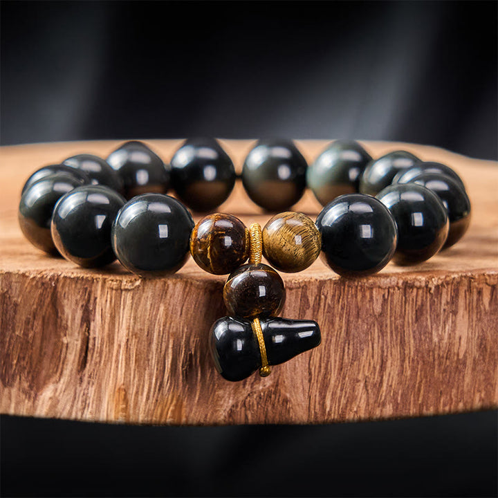 Buddha Stones Bracelet chinois vintage de protection en calebasse d'obsidienne arc-en-ciel - Obsidienne arc-en-ciel 14 mm (couleurs changeantes selon la lumière) - image 22