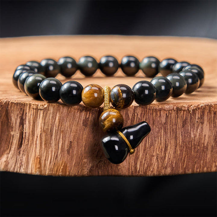 Buddha Stones Bracelet chinois vintage de protection en calebasse d'obsidienne arc-en-ciel - Obsidienne arc-en-ciel 8 mm (couleurs changeantes selon la lumière) - image 1