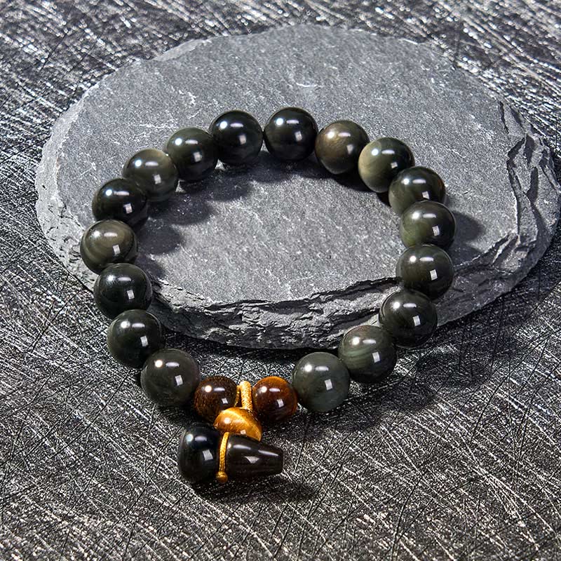 Buddha Stones Bracelet chinois vintage de protection en calebasse d'obsidienne arc-en-ciel - image 12