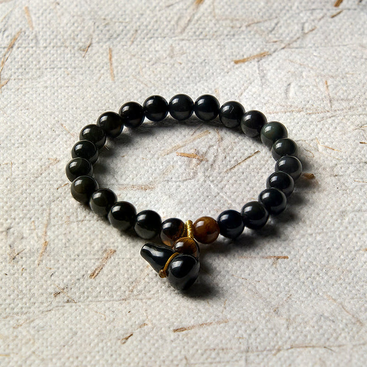 Buddha Stones Bracelet chinois vintage de protection en calebasse d'obsidienne arc-en-ciel - image 3