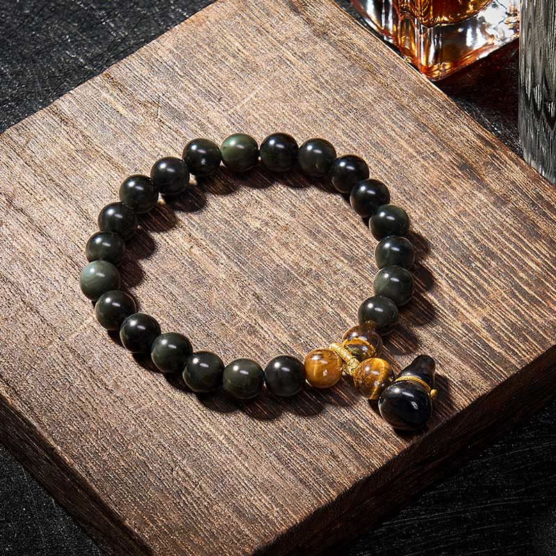 Buddha Stones Bracelet chinois vintage de protection en calebasse d'obsidienne arc-en-ciel - image 8