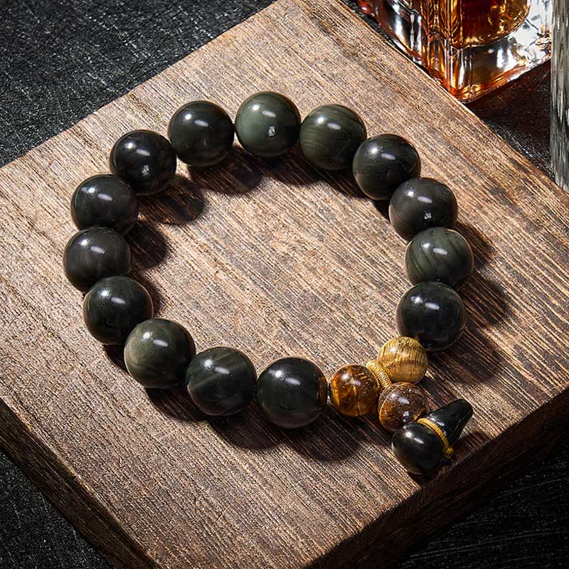 Buddha Stones Bracelet chinois vintage de protection en calebasse d'obsidienne arc-en-ciel - image 27