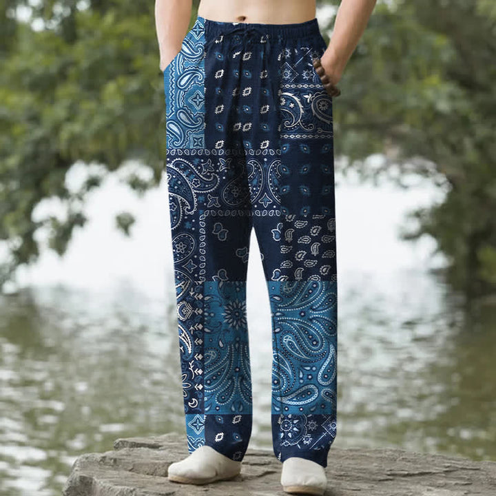 Buddha Stones Pantalon fuselé pour homme en coton à motif cachemire et poches - Marine - US/UK/AU50，EU60 (5XL) - image 0