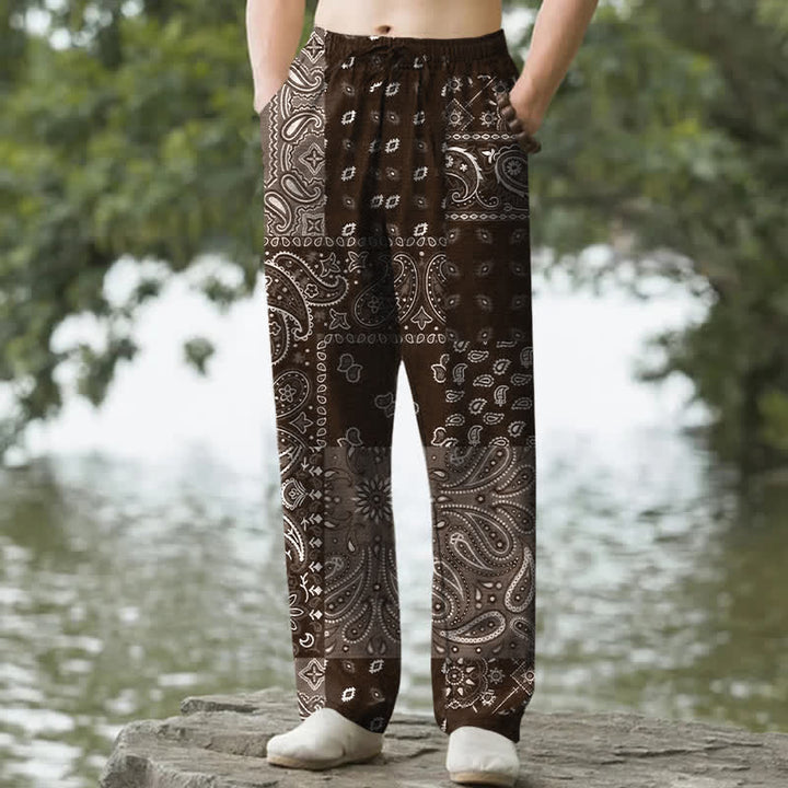 Buddha Stones Pantalon fuselé pour homme en coton à motif cachemire et poches - SaddleBrown - US/UK/AU50，EU60 (5XL) - image 4