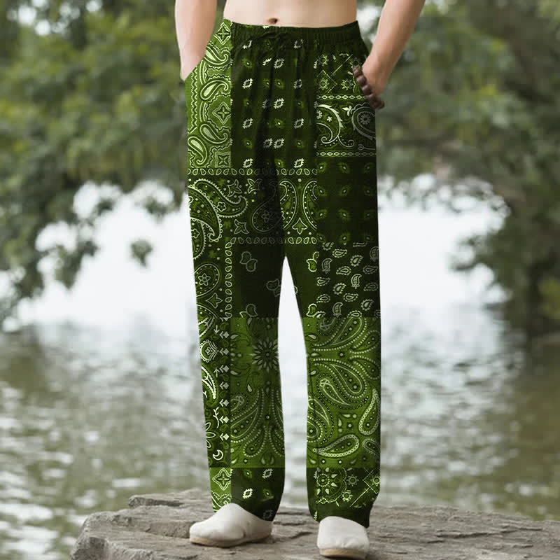 Buddha Stones Pantalon fuselé pour homme en coton à motif cachemire et poches - Vert olive - US/UK/AU50，EU60 (5XL) - image 6