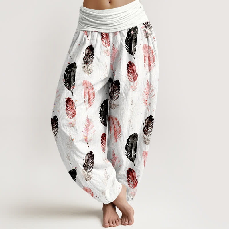 Buddha Stones Pantalon harem pour femme en pur coton à motif plumes et taille élastique - Blanc - US16，UK/AU20，EU48 (3XL) - image 0