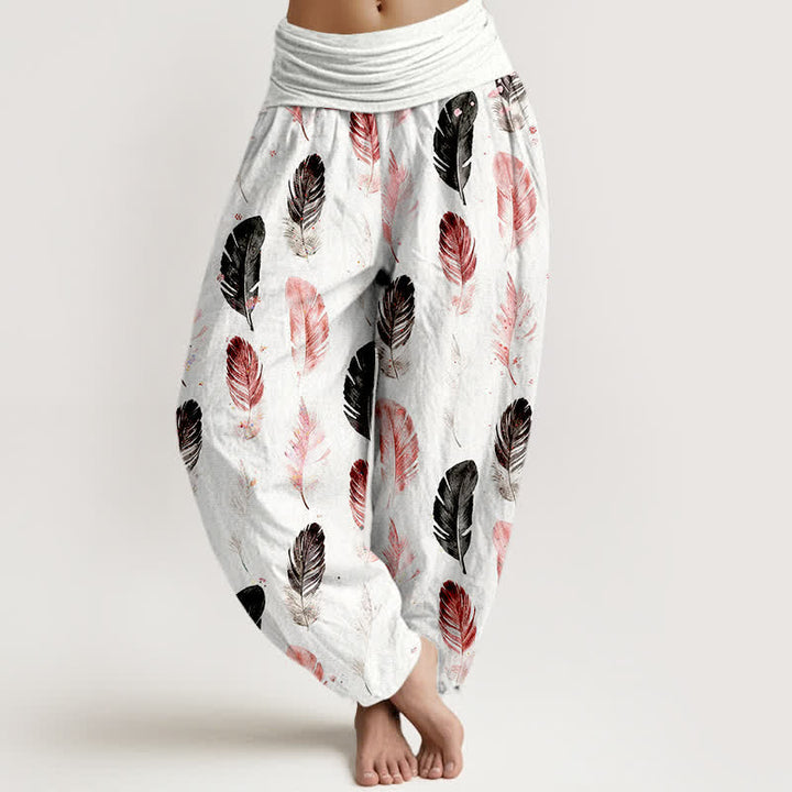 Buddha Stones Pantalon harem pour femme en pur coton à motif plumes et taille élastique - Blanc - US16，UK/AU20，EU48 (3XL) - image 0