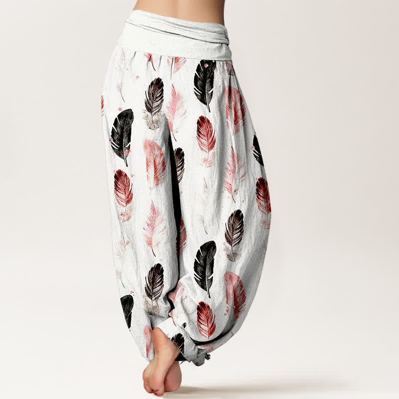 Buddha Stones Pantalon harem pour femme en pur coton à motif plumes et taille élastique - image 2