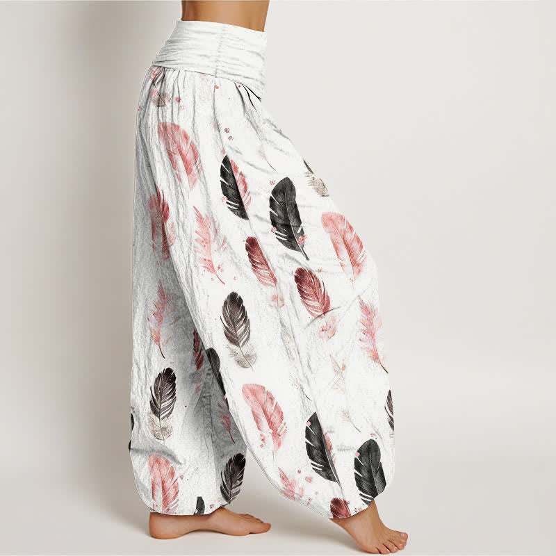 Buddha Stones Pantalon harem pour femme en pur coton à motif plumes et taille élastique - image 1
