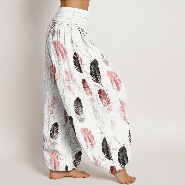 Buddha Stones Pantalon harem pour femme en pur coton à motif plumes et taille élastique - image 1