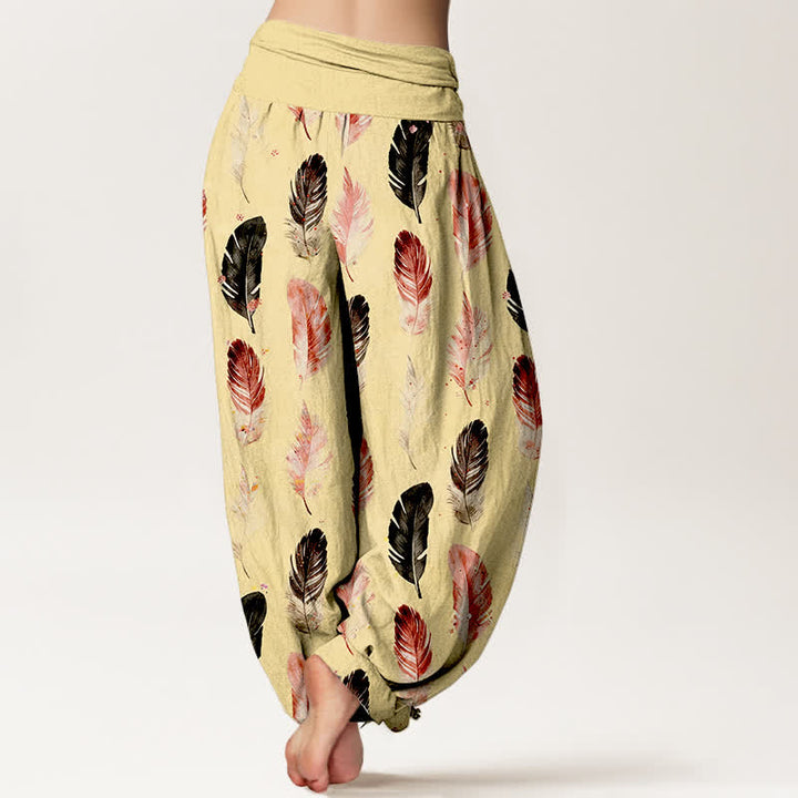 Buddha Stones Pantalon harem pour femme en pur coton à motif plumes et taille élastique - image 7