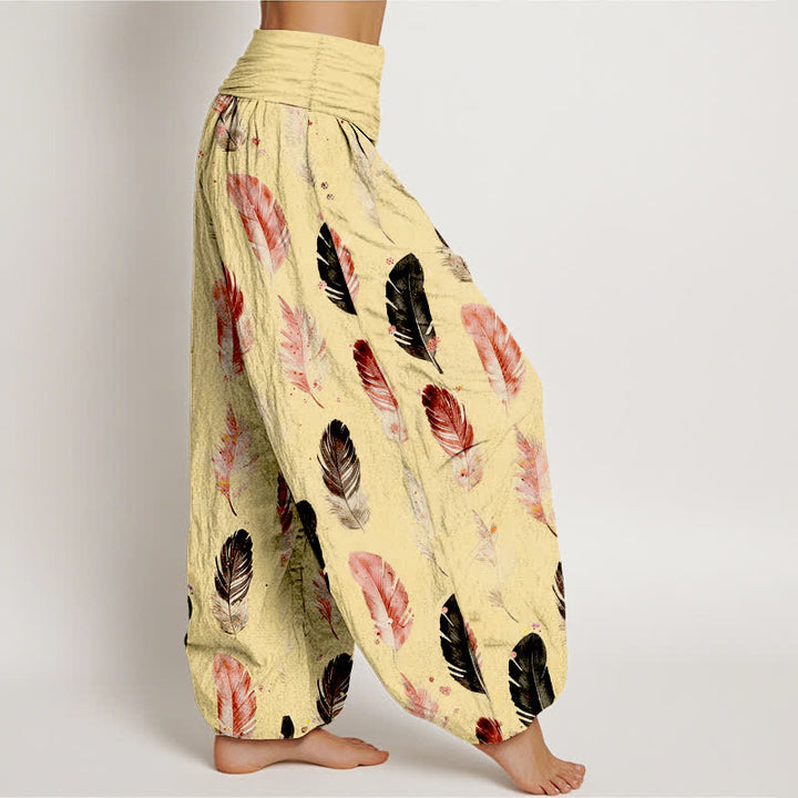 Buddha Stones Pantalon harem pour femme en pur coton à motif plumes et taille élastique - image 6