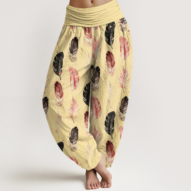 Buddha Stones Pantalon harem pour femme en pur coton à motif plumes et taille élastique - soie de maïs - US16，UK/AU20，EU48 (3XL) - image 5