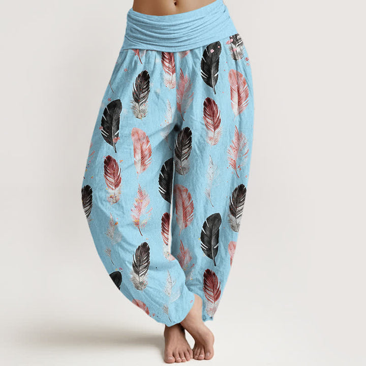 Buddha Stones Pantalon harem pour femme en pur coton à motif plumes et taille élastique - Bleu clair - US16，UK/AU20，EU48 (3XL) - image 8