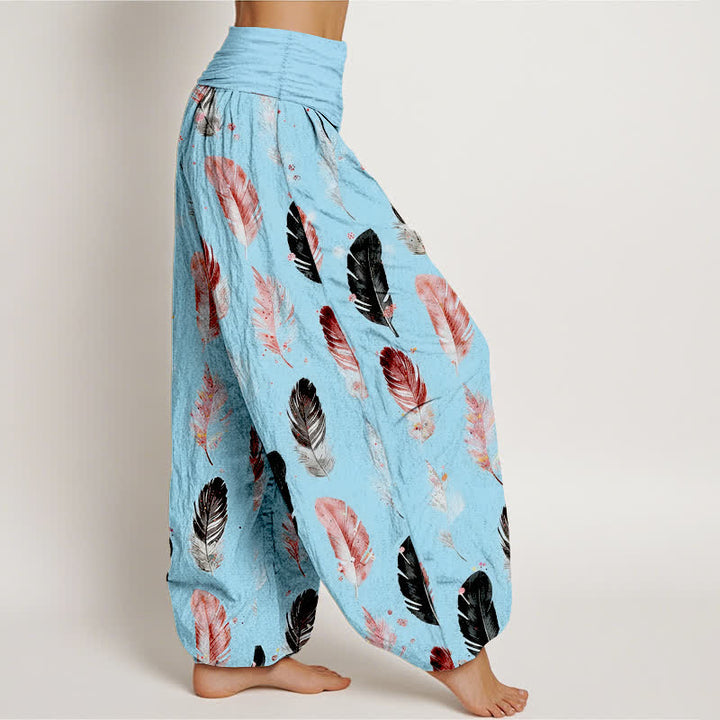 Buddha Stones Pantalon harem pour femme en pur coton à motif plumes et taille élastique - image 9