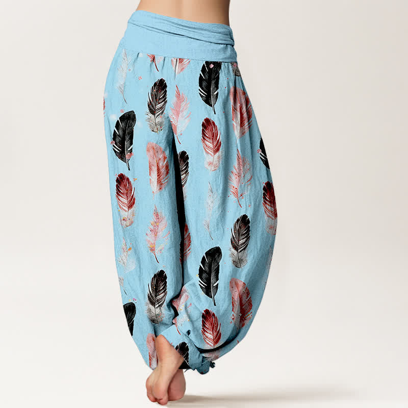 Buddha Stones Pantalon harem pour femme en pur coton à motif plumes et taille élastique - image 10
