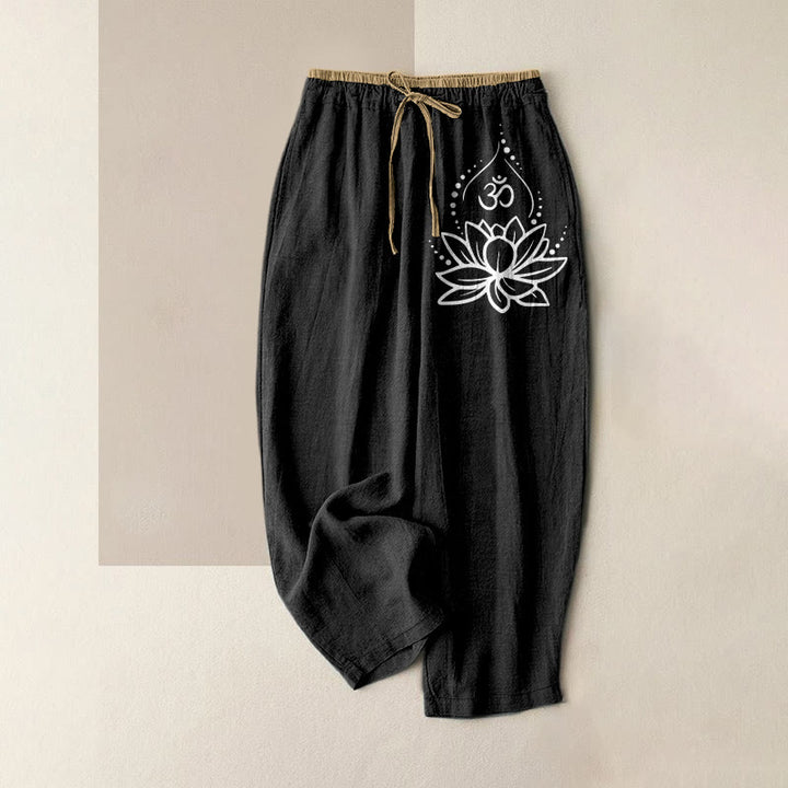 Buddha Stones Pantalon pour femme en pur coton, motif lotus OM, taille élastique et poches - Noir - US16，UK/AU20，EU48 (3XL) - image 0