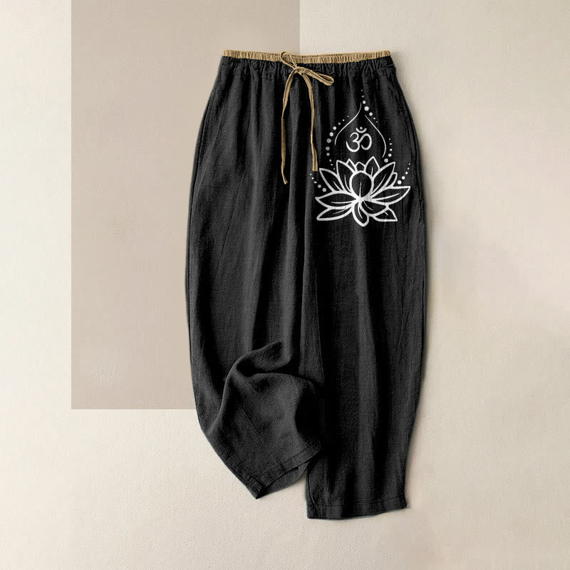 Buddha Stones Pantalon pour femme en pur coton, motif lotus OM, taille élastique et poches - Noir - US16，UK/AU20，EU48 (3XL) - image 0