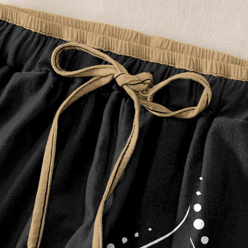 Buddha Stones Pantalon pour femme en pur coton, motif lotus OM, taille élastique et poches - image 1