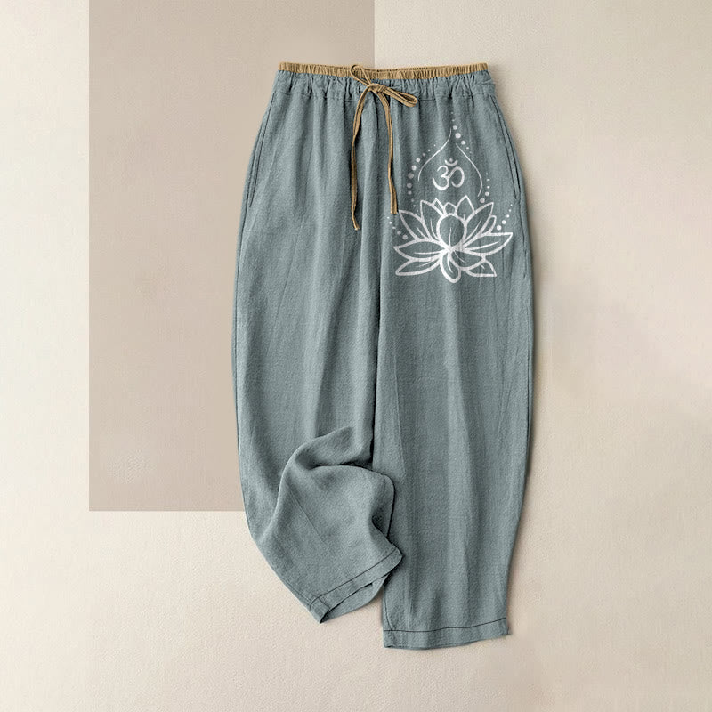 Buddha Stones Pantalon pour femme en pur coton, motif lotus OM, taille élastique et poches - CadetBlue - US16，UK/AU20，EU48 (3XL) - image 4