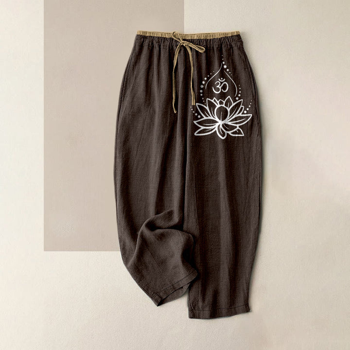 Buddha Stones Pantalon pour femme en pur coton, motif lotus OM, taille élastique et poches - SaddleBrown - US16，UK/AU20，EU48 (3XL) - image 5