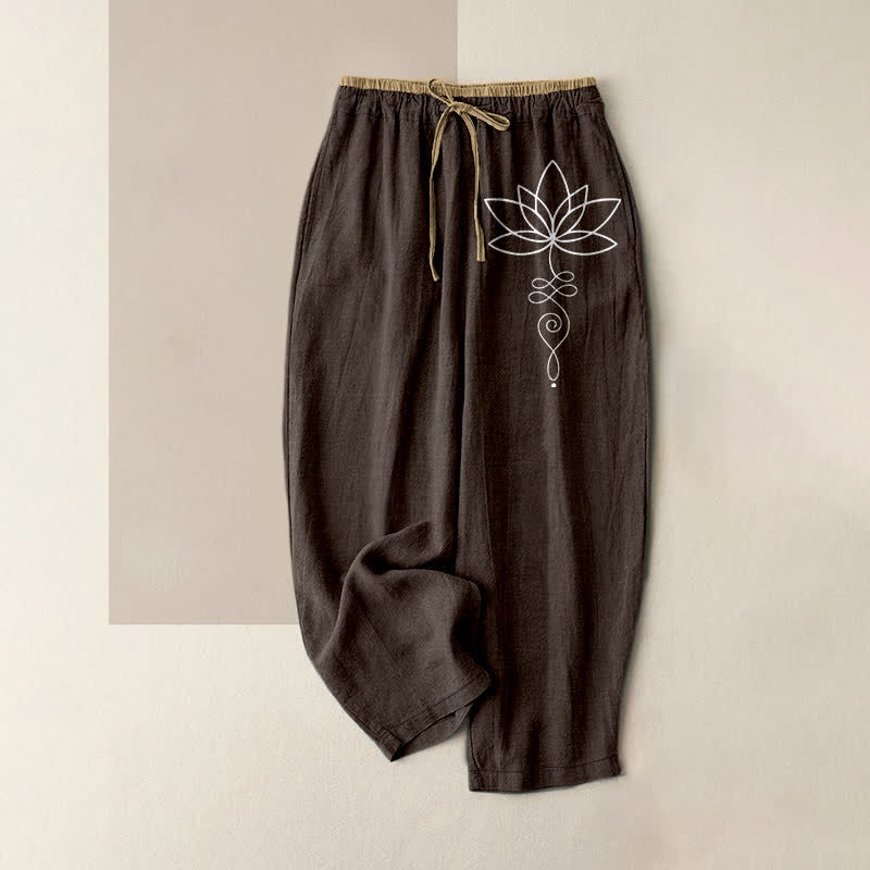 Buddha Stones Pantalon pour femme en pur coton, motif lotus zen, taille élastique et poches - SaddleBrown - US16，UK/AU20，EU48 (3XL) - image 0