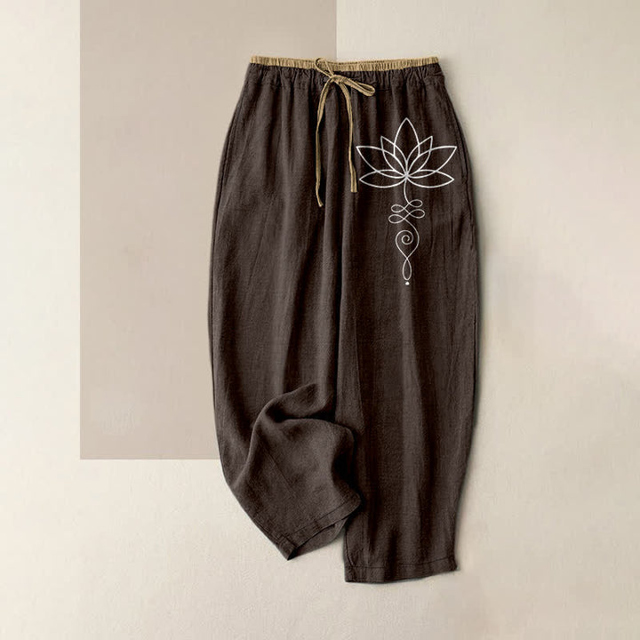 Buddha Stones Pantalon pour femme en pur coton, motif lotus zen, taille élastique et poches - SaddleBrown - US16，UK/AU20，EU48 (3XL) - image 0