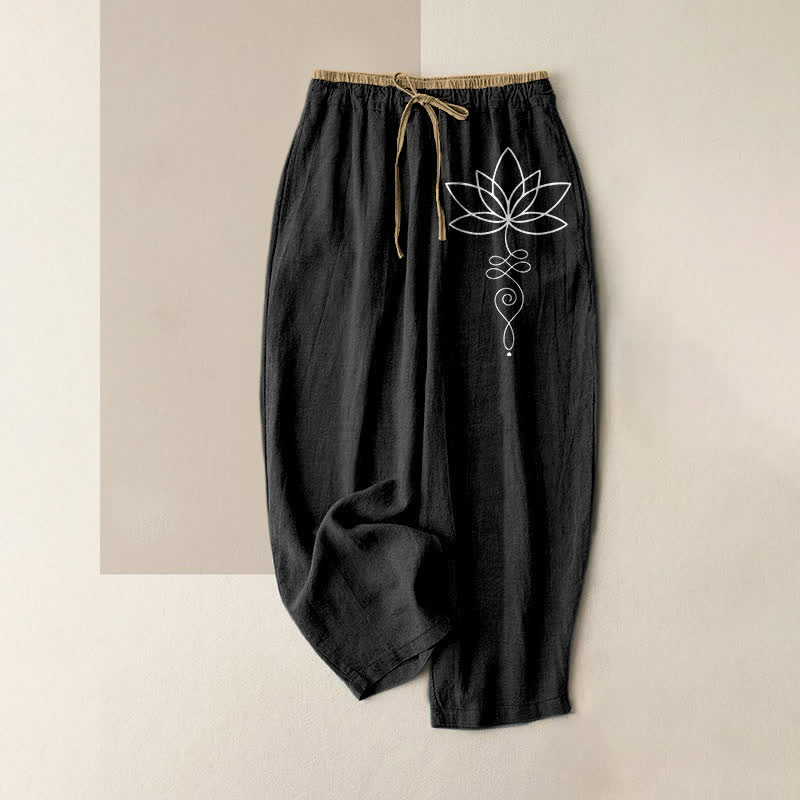 Buddha Stones Pantalon pour femme en pur coton, motif lotus zen, taille élastique et poches - Noir - US16，UK/AU20，EU48 (3XL) - image 4