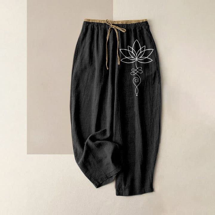Buddha Stones Pantalon pour femme en pur coton, motif lotus zen, taille élastique et poches - Noir - US16，UK/AU20，EU48 (3XL) - image 4