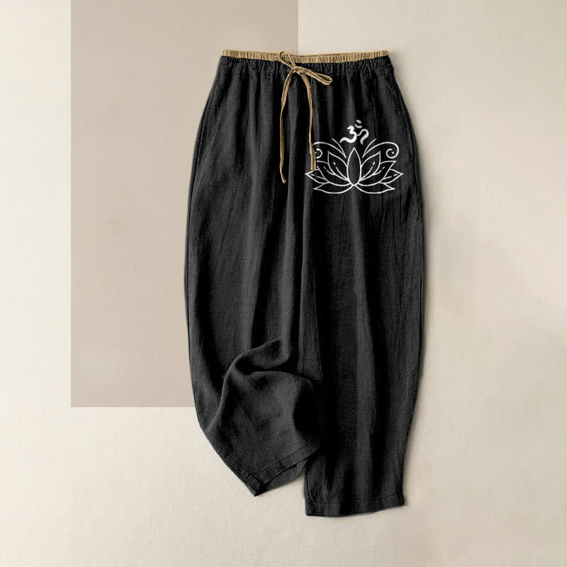 Buddha Stones Pantalon pour femme en pur coton à motif lotus, taille élastique et poches - Noir - US16，UK/AU20，EU48 (3XL) - image 0