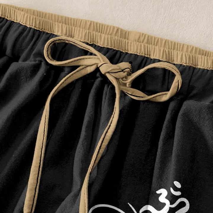 Buddha Stones Pantalon pour femme en pur coton à motif lotus, taille élastique et poches - image 1