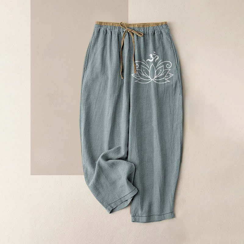 Buddha Stones Pantalon pour femme en pur coton à motif lotus, taille élastique et poches - CadetBlue - US16，UK/AU20，EU48 (3XL) - image 4