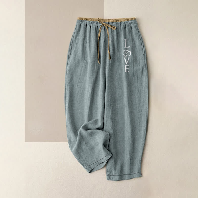 Buddha Stones Pantalon en pur coton à motif OM Love pour femme, taille élastique et poches - CadetBlue - US16，UK/AU20，EU48 (3XL) - image 0