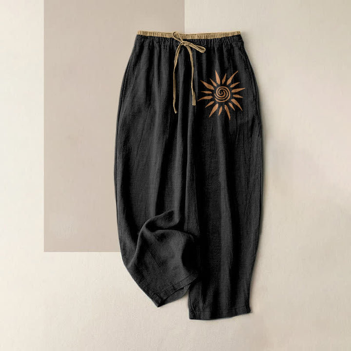 Buddha Stones Pantalon en coton à motif tourbillonnant soleil pour femme, taille élastique et poches - Noir - US16，UK/AU20，EU48 (3XL) - image 0