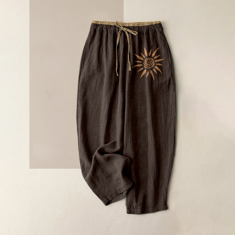 Buddha Stones Pantalon en coton à motif tourbillonnant soleil pour femme, taille élastique et poches - SaddleBrown - US16，UK/AU20，EU48 (3XL) - image 5
