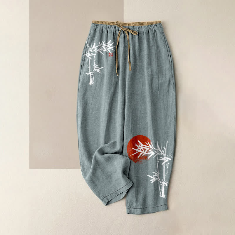 Buddha Stones Pantalon pour femme en pur coton, imprimé bambou rouge soleil, taille élastique et poches - CadetBlue - US16，UK/AU20，EU48 (3XL) - image 0