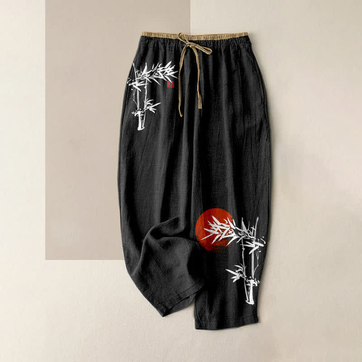 Buddha Stones Pantalon pour femme en pur coton, imprimé bambou rouge soleil, taille élastique et poches - Noir - US16，UK/AU20，EU48 (3XL) - image 4