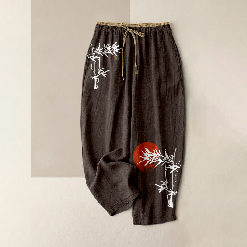 Buddha Stones Pantalon pour femme en pur coton, imprimé bambou rouge soleil, taille élastique et poches - SaddleBrown - US16，UK/AU20，EU48 (3XL) - image 5