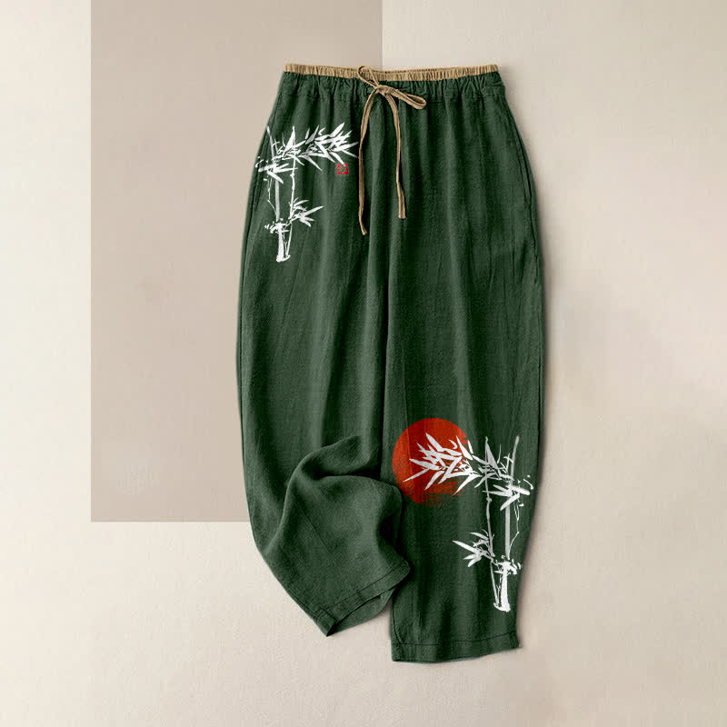 Buddha Stones Pantalon pour femme en pur coton, imprimé bambou rouge soleil, taille élastique et poches - Vert forêt - US16，UK/AU20，EU48 (3XL) - image 6
