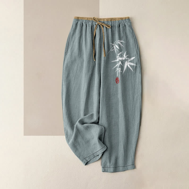 Buddha Stones Pantalon pour femme en pur coton blanc à motif bambou Zen, taille élastique et poches - CadetBlue - US16，UK/AU20，EU48 (3XL) - image 0