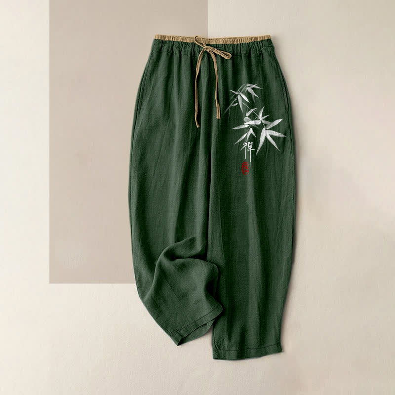 Buddha Stones Pantalon pour femme en pur coton blanc à motif bambou Zen, taille élastique et poches - Vert forêt - US16，UK/AU20，EU48 (3XL) - image 4