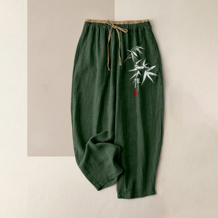 Buddha Stones Pantalon pour femme en pur coton blanc à motif bambou Zen, taille élastique et poches - Vert forêt - US16，UK/AU20，EU48 (3XL) - image 4