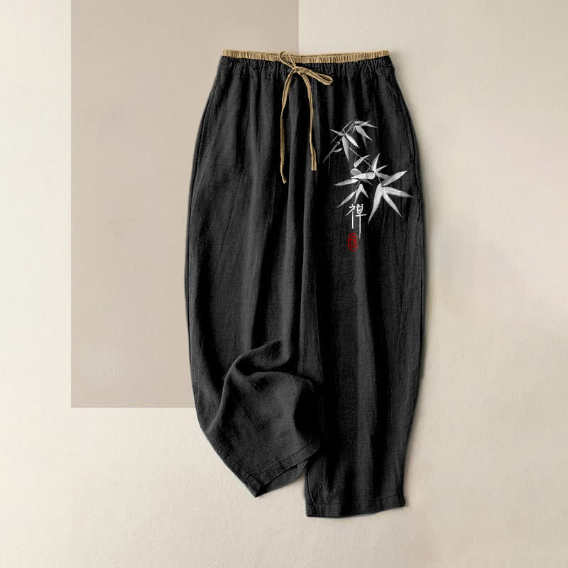 Buddha Stones Pantalon pour femme en pur coton blanc à motif bambou Zen, taille élastique et poches - Noir - US16，UK/AU20，EU48 (3XL) - image 5