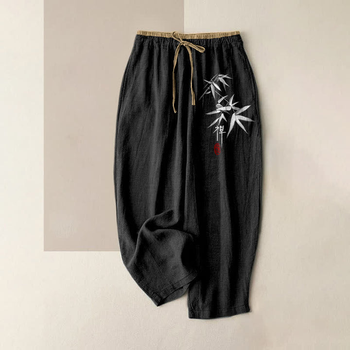 Buddha Stones Pantalon pour femme en pur coton blanc à motif bambou Zen, taille élastique et poches - Noir - US16，UK/AU20，EU48 (3XL) - image 5