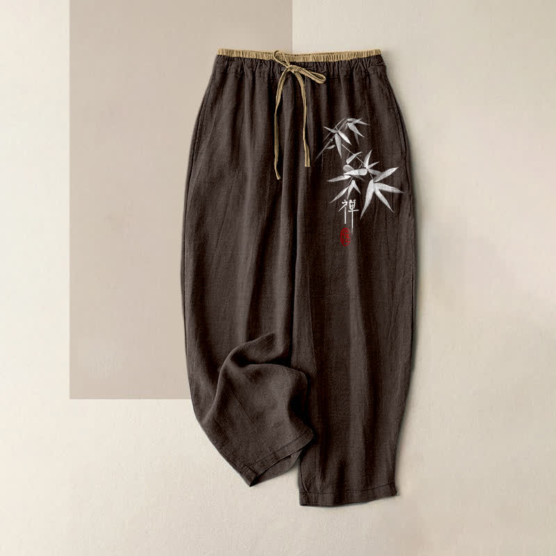 Buddha Stones Pantalon pour femme en pur coton blanc à motif bambou Zen, taille élastique et poches - SaddleBrown - US16，UK/AU20，EU48 (3XL) - image 6